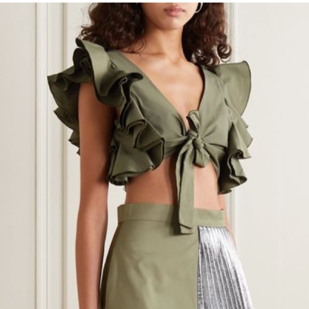 ARTCLUB RUFFLE TIE FRONT CROP TOP POPLIN BLOUSE MEDIUM